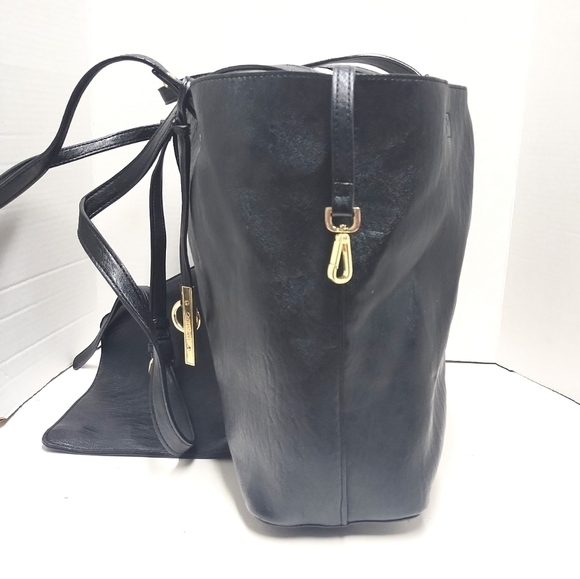Calvin Klein Black Leather Tote with Gold Hardware + Matching Pouch - Picture 5 of 13